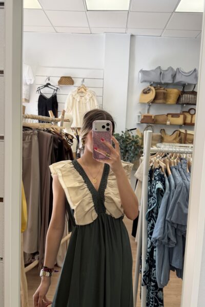 VESTIDO CARMEN VERDE Y BEIGE