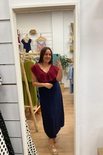 VESTIDO EMMA AZUL Y BURDEOS